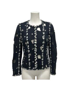 Chanel Jacket 36 S Navy White Black Tweed Zip